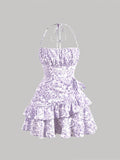 [Floral Print Halter Dress] Floral Print Layered Ruffle Hem Halter Dress, Elegant Sleeveless Dress For Spring & Summer, Women's Clothing