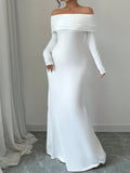 1pc Elegant White Polyester Bodycon Maxi Dress, Long Sleeve Off-Shoulder Backless Ribbed Knit Twist Fish Tail Hem, All-Season Solid Color Dress for Adults