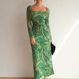 Marble Print Long Sleeve Dress, Stylish Square Neck Ankle Length Dress For Spring & Fall, Women's Clothing