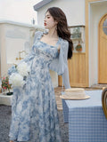 [Floral Print Strap Dress Set] Elegant Floral Print Strap Dress Set, Long Sleeve Ruffle Trim Open Front Ribbed Cardigan & Square Neck Sleeveless A-line Dress Outfits, Women's Clothing