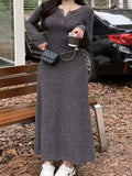 [Long Sleeve Fall Dress] Ribbed V Neck Dress, Casual Long Sleeve Dress For Fall & Winter, Women's Clothing