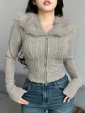 Slim Fit Solid Color Y2K-Inspired Jacket for Women - Long Sleeve, Round Neck, Patchwork, Faux Fur Trim, Zip-Up, Machine Washable