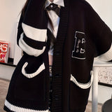 Preppy Long Sleeve E Pattern Button Up Cardigan - Pocket Cardigan For Fall & Winter - Women's Clothing