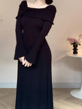 Long Sleeve 3D Floral Off-Shoulder Knit Dress - Solid Color, Regular Fit, A-Line, Winter Fashion, Sweater Knit Fabric