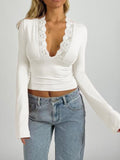 Women's Elegant Red Lace-Trimmed V-Neck T-Shirt - Long Sleeve, High Stretch Polyester, Perfect for Layering Under Sweaters and Jackets, Machine Washable