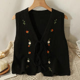 Embroidery Floral Tie Front Sweater Vest for Women Bow Tie Front Sleeveless Knit Cardigan Jacket Teen-girl Fairycore Cute Outfit