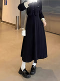 Women'S Long Sleeve Viscose Dress with Button Detail, Solid Color, Tailored Fit, Flared Skirt, Spring/Fall Collection - Elegant Black with White Collar