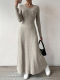 Elegant Solid Color V-Neck Knit Long Sleeve A-Line Dress - Ribbed Texture, Machine Washable, Polyester - Chic Middle Eastern Style for Fall, Elegant Long Sleeve Knit Dress