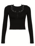 Elegant Stretchy Long Sleeve Mesh Lace Bodysuit Crop Top - Y2K Sheer Knotted T-Shirt For Women - Casual Style