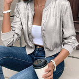 Everyday Comfort, Elegant Women's Pink Metallic Bomber Jacket - Long Sleeve, Zip-Up with Baseball Collar, Polyester Blend, Machine Washable for Spring & Fall Fashion, Spring Jacket|Glossy Finish Jacket|Polyester Blend Jacket
