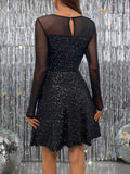 Women'S Elegant Short Dress, Long Sleeve, Round Neck, Sparkling Print, Fitted Knit Polyester with Elastane, All-Season Solid Color Crew Neck Dress for Adult