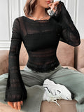 Solid Textured Mesh Slim T-Shirt, Casual Long Sleeve T-Shirt For Spring & Fall, Women's Clothing