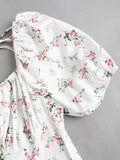 Elegant White Floral Print Midi Dress with Puff Sleeves & Tie-Back Detail - Square Neck, Non-Sheer Polyester for Women - Perfect for Spring, Summer & All Seasons, Formal Wear | Puff Sleeves Dress | Polyester Fabric
