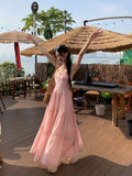 Solid Color Spaghetti Strap Dress, Casual Sleeveless Tiered Hem Dress For Vacation, Women's Clothing