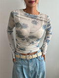 [Everyday Elegance] Women's Elegant Tie-Dye Floral Print Chiffon Blouse with Ruched Detail - Long Sleeve, Round Neck, Semi-Sheer, Perfect for Spring/Fall Fashion voguable
