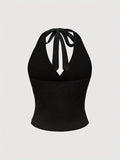[Slim Fit Backless Crop Top] Leopard Print Halter Neck Top, Sexy Backless Slim Fit Crop Top For Spring & Summer, Women's Clothing