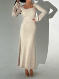 Elegant Frill Knit Square Neck Long Dress