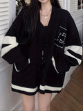 Preppy Long Sleeve E Pattern Button Up Cardigan - Pocket Cardigan For Fall & Winter - Women's Clothing