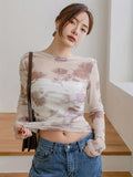 [Everyday Elegance] Women's Elegant Tie-Dye Floral Print Chiffon Blouse with Ruched Detail - Long Sleeve, Round Neck, Semi-Sheer, Perfect for Spring/Fall Fashion voguable