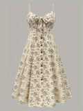 Large Size Elegant Dress with Chest Tie, Buttons and Floral Print