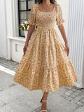 Elegant For Spring & Summer Midi Dress, Floral Print Shirred Bust Square Neck A-line Dress With Puff Sleeve, Women's Clothing