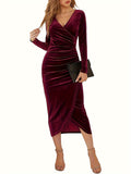 Elegant Black Velvet Midi Dress for Women - Vintage-Inspired V-Neck with Ruched Detail, Long Sleeves, and Asymmetrical Hem - Machine Washable, Polyester & Elastane Blend