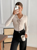 Elegant Women's V-Neck T-Shirt with 3D Floral Detail - Long Sleeve, Stretchy Polyester Blend, Machine Washable, Elegant Special Project Style, ALL/Global/All