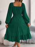 Stunning Ruffle Hem A-Line Dress - Women's Elegant Solid Color Square Neck Backless Shirred Clothing with Lantern Sleeves - Perfect for Formal Occasions and Parties