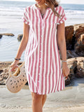 [Elegant | Striped] Elegant Striped V-Neck Midi Dress | Asymmetrical Hemline, Casual Short Sleeve, Button Front, Lightweight Polyester | Perfect for Summer Beach Outings, Beach Dress
