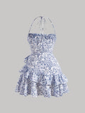 [Floral Print Halter Dress] Floral Print Layered Ruffle Hem Halter Dress, Elegant Sleeveless Dress For Spring & Summer, Women's Clothing