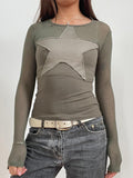 Women's Star Patch Tops Slim Round Neck Long Sleeve T-Shirt Casual Streetwear for Fall