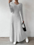 Elegant Solid Color V-Neck Knit Long Sleeve A-Line Dress - Ribbed Texture, Machine Washable, Polyester - Chic Middle Eastern Style for Fall, Elegant Long Sleeve Knit Dress