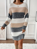 Women's Color Block Fuzzy Knitted Mini Dress - Elegant Drop Shoulder, Lantern Sleeve, Crew Neck, Perfect for Fall & Winter Season