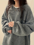 Cozy Womens Crew Neck Pullover Sweater - Relaxed Fit, Dramatic Drop Shoulder & Trendy Split - Soft Knit, Everyday Casual Style - Solid Color Wardrobe Staple