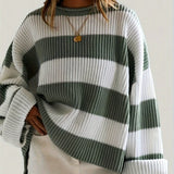 Long Sleeve Acrylic Pullover Sweater - Women's Casual Rib-Knit Crew Neck, Drop Shoulder, Loose Fit, Solid Color, All Season Knit Fabric Top