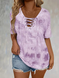 Women'S Plus Size Tie Dye Print Short Sleeve T-Shirt, Casual Loose Fit Tee with Lace-Up Drape Neck, Polyester 95% Spandex 5% Knit Fabric, Medium Stretch, Spring/Summer Pullovers, 175g/m² - Purple
