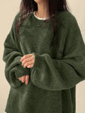 Cozy Womens Crew Neck Pullover Sweater - Relaxed Fit, Dramatic Drop Shoulder & Trendy Split - Soft Knit, Everyday Casual Style - Solid Color Wardrobe Staple