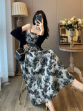 [Floral Print Cami Dress Set] Young Floral Print Cami Dress Set, Solid Long Sleeve Open Front Cardigan & Square Neck Sleeveless A-line Spaghetti Strap Dress Outfits, Women's Clothing