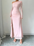 Elegant Asymmetrical Neck 1pc Long Sleeve Dress - Fitted Polyester Knit Fabric, Side Slit, All Seasons for Adults
