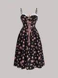 [Lace Trim Spaghetti Strap Dress] Floral Print Lace Trim Spaghetti Strap Dress, Elegant Tie Waist Sleeveless Cami Dress For Spring & Summer, Women's Clothing