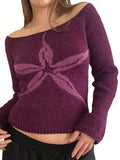 [1pc Elegant Off-Shoulder Sweater] 1pc Elegant Viscose Off-Shoulder Sweater for Women, Solid Color Crew Neck Long Sleeve Knit Top with Graphic Print, Versatile Streetwear for All Seasons
