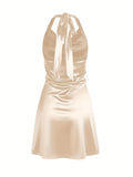 Sexy Satin Cowl Neck Halter Dress - Backless Mini Dress for Evening Party - Women's Clothing