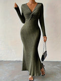 Elegant Olive Green Ribbed Midi Dress for Women - V-Neck with Twist Front Detail, Long Sleeves, Stretch Polyester, Machine Washable - Chic & Stylish, Stylish Office Attire|Knotted Waist Dress|Flattering