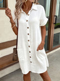 Women's 100% V-Neck Blouse Dress - Light Blue, Casual, Short Sleeves, Button Details, Machine Washable, All-Season Comfort