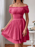Elegant Off-Shoulder Square Neck Dress, 100% Polyester Solid Color A-Line Mini Dress for Women, Spring/Summer Woven Fabric, Occasion Wear | Ruffled Bodice | Polyester Fabric, Cute Dresses