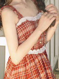 Chic French Vintage Ballet-Inspired Red & White Plaid Sundress with Lace Trim - Sleeveless, A-Line Mini Dress for Petite Women, Sweet & Spicy Style, Machine Washable