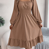 Stunning Ruffle Hem A-Line Dress - Women's Elegant Solid Color Square Neck Backless Shirred Clothing with Lantern Sleeves - Perfect for Formal Occasions and Parties