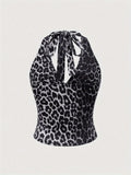 [Slim Fit Backless Crop Top] Leopard Print Halter Neck Top, Sexy Backless Slim Fit Crop Top For Spring & Summer, Women's Clothing