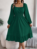 Stunning Ruffle Hem A-Line Dress - Women's Elegant Solid Color Square Neck Backless Shirred Clothing with Lantern Sleeves - Perfect for Formal Occasions and Parties