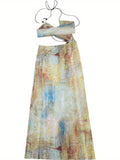 [Flowy Long Tie-Dye Printed Dress] Women's Tie-Dye Printed Flowy Long Dress: Halter Neck, Cut-Out Details, S-Shaped Ring Trim, Polyester and Elastane Blend, Machine Washable, Embellishments